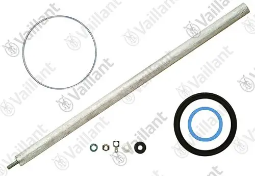Vaillant-Anode mit mehreren Dichtungen, Unterlegscheiben und Befestigungselementen auf einem weißen Hintergrund.